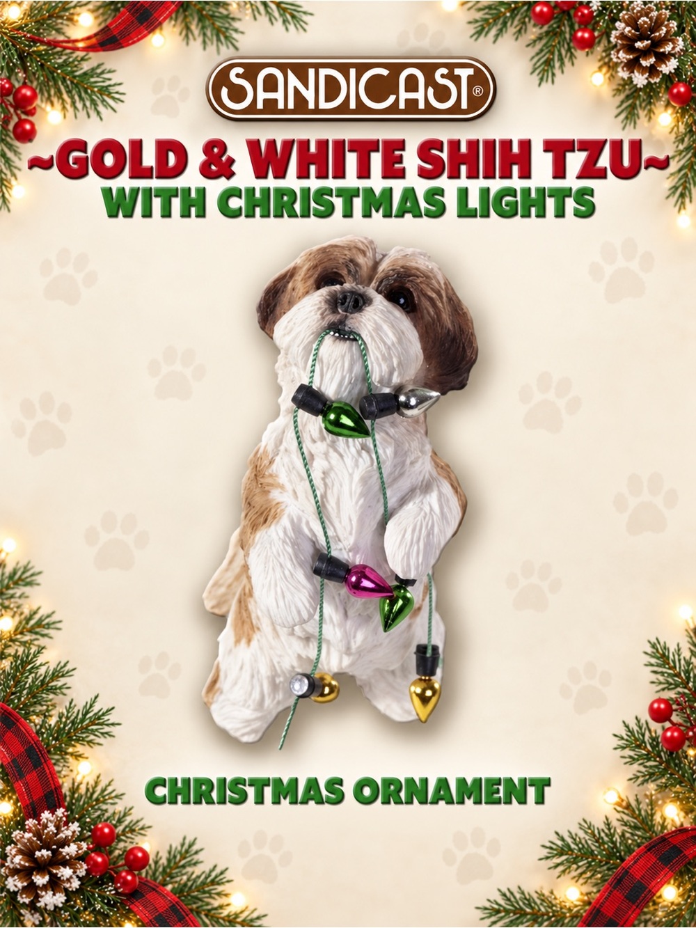 Sandicast Gold & White SHIH TZU with lights Christmas Ornament NEW